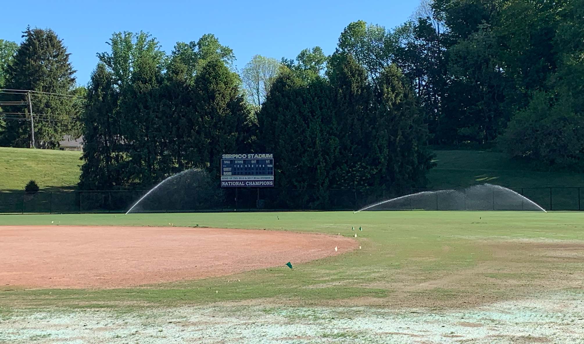 Commercial Sprinklers Set Up On A Baseball Field