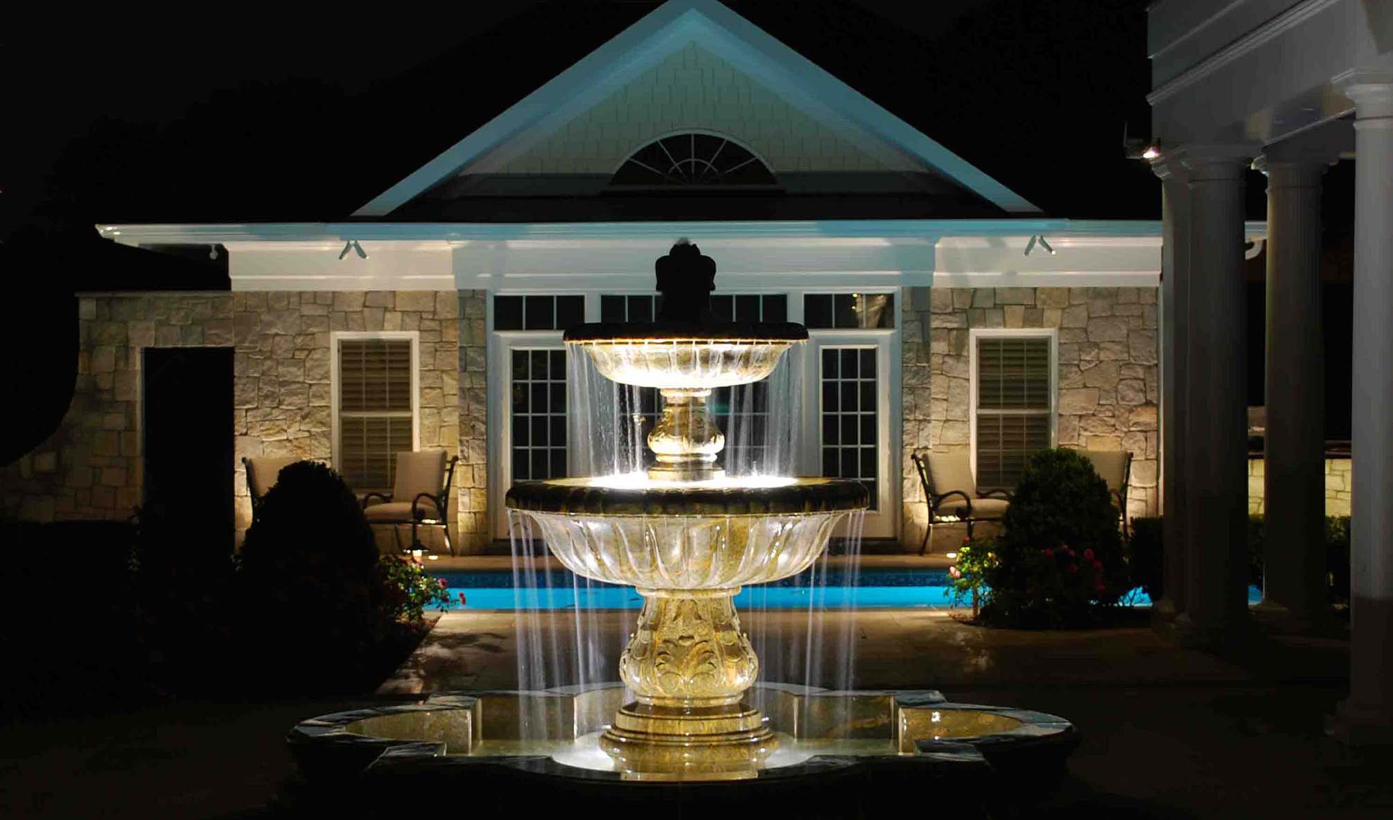 Hydroscapes Lighting For A Fountain, Pool and Back Patio At Night