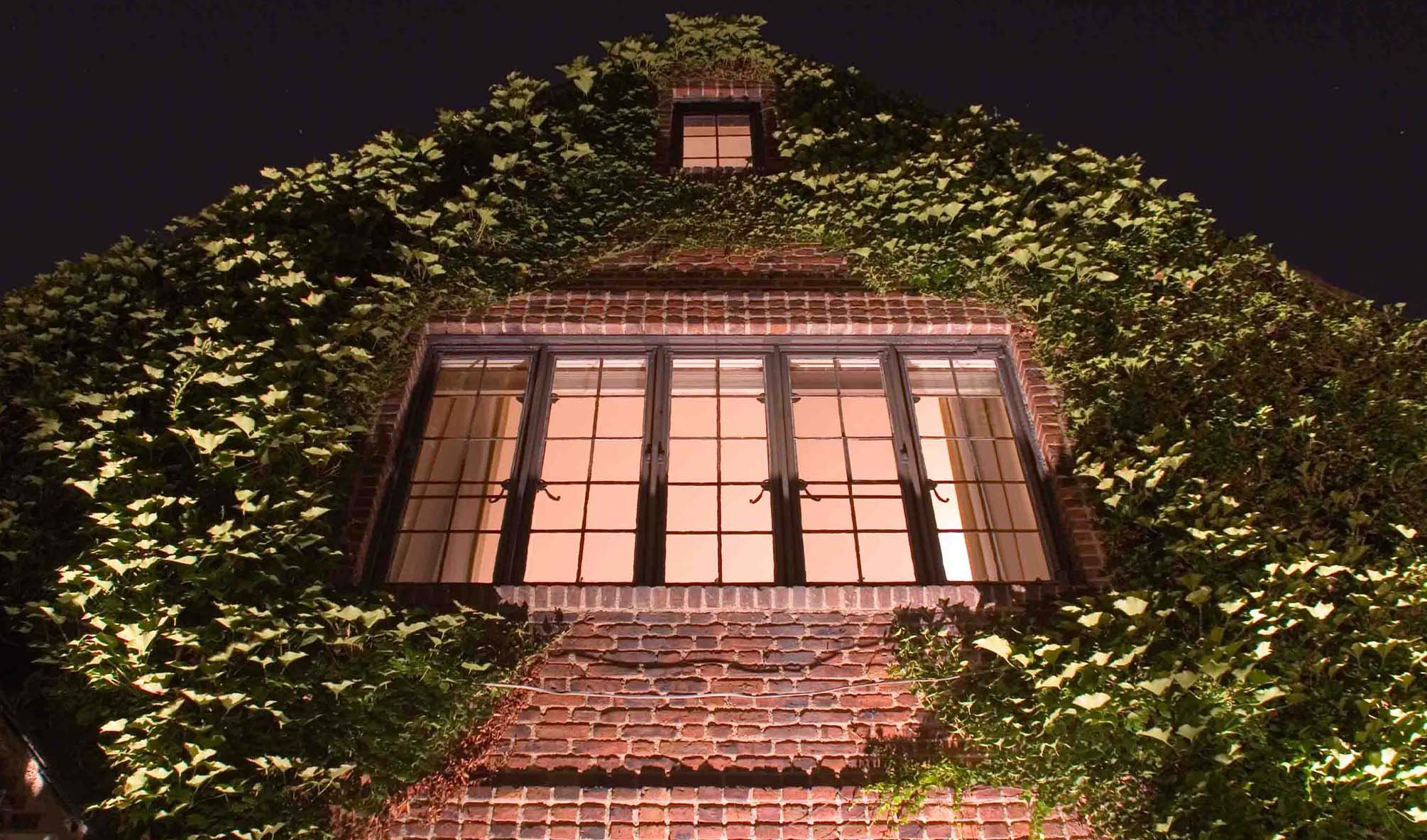 Outside Lighting Along A House With Ivy Growing On Front