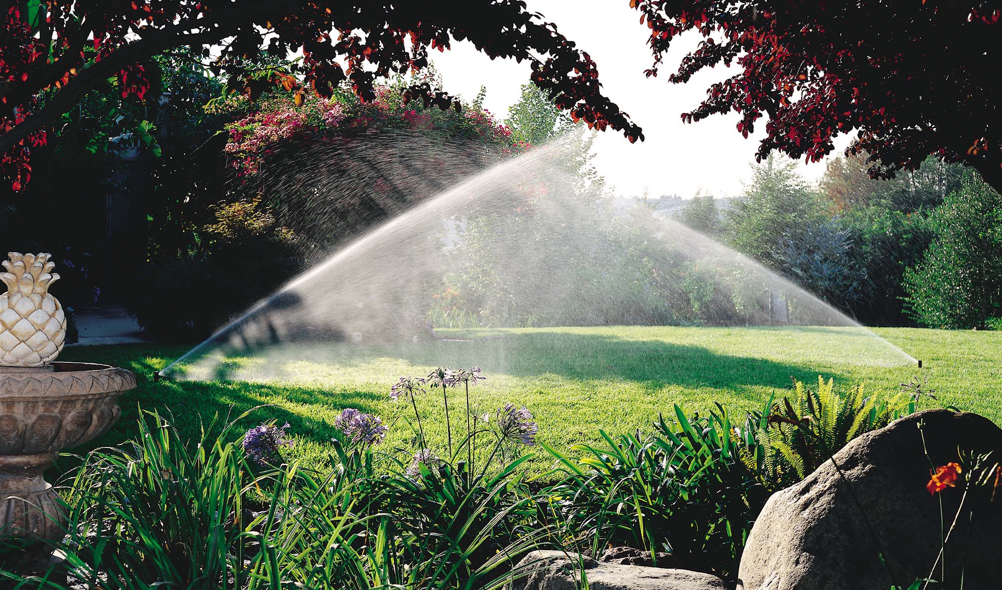 Irrigation Sprinklers Set To On In A Yard With A Garden