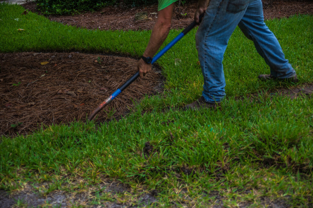 A landscape worker digs in a flower bed with a shovel on a landscaping job site
